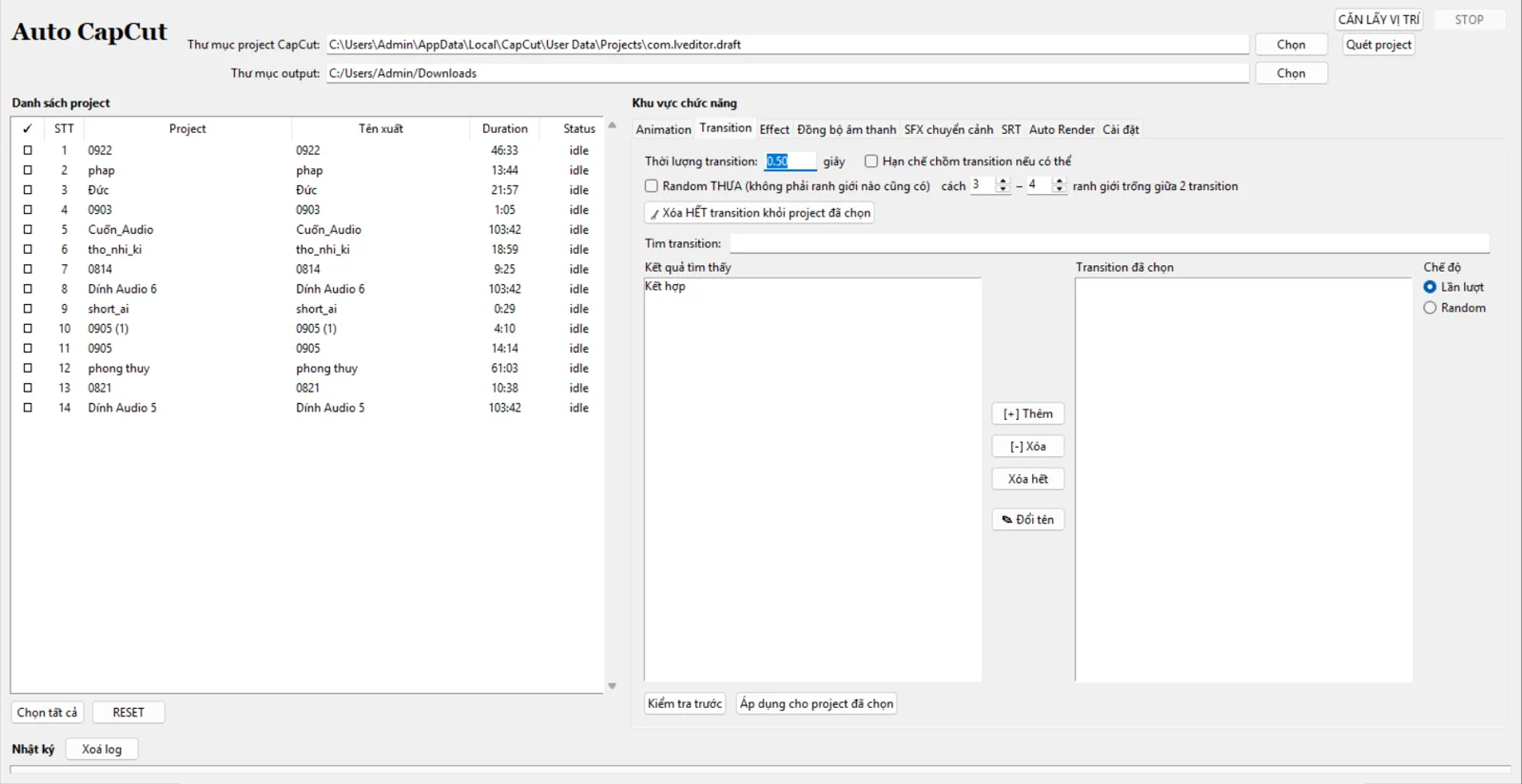 Auto CapCut: Tab Transition: thời lượng, random, xóa transition cũ