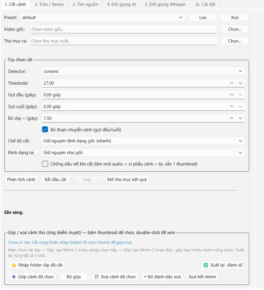 Content Remix Studio: Tab Cắt cảnh: tùy chọn phát hiện cảnh và duyệt thủ công