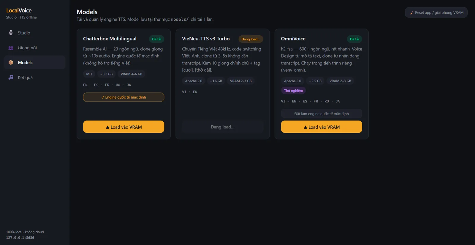LocalVoice Studio: Quản lý engine AI: Chatterbox, VieNeu-TTS, OmniVoice